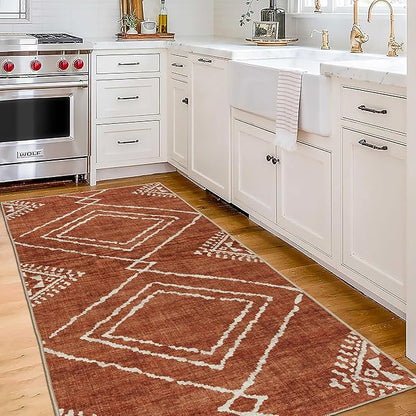 ReaLife Rugs Machine Washable Area Rug Runner - Living Room Bedroom Bathroom Kitchen Entryway Office - Padded Low Pile Stain Resistant Premium - Moroccan Diamond Tribal - Jax - Orange 2'6" x 8'