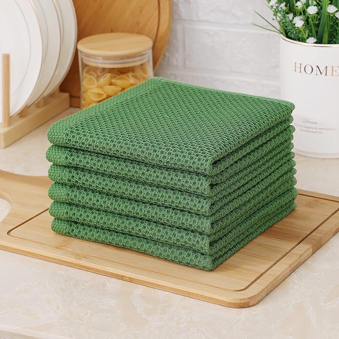 Kitinjoy 100% Cotton Kitchen Dish Cloths, 8 Pack Waffle Weave Ultra Soft Absorbent Dish Towels for Drying Dishes Quick Drying Kitchen Towels Dish Rags, 12 X 12 Inches, Grass Green