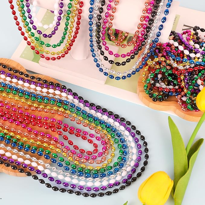 Marid Gras Beads, 100PCS Oval Bead Necklace Party Favors, Metallic 10 Kinds of 32" Beaded Necklaces Stuff, Festival Parade Beads Bulk Throw Accessories for Mardi Gras Birthday Celebrations Decor
