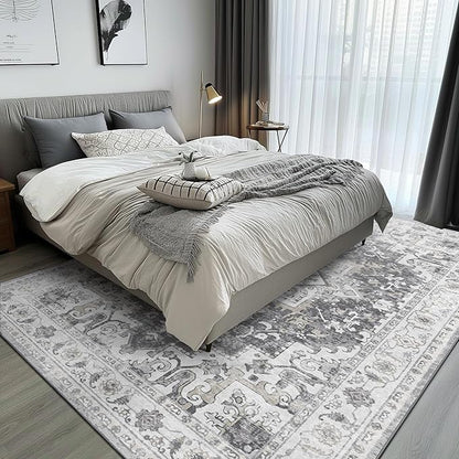 GENIMO 5x7 Area Rugs for Living Room, Machine Washable Rug, Non Slip Indoor Vintage Rug, Low Pile Lightweight Chenille Print Carpet for Bedroom Dining Room Home Office, Gray