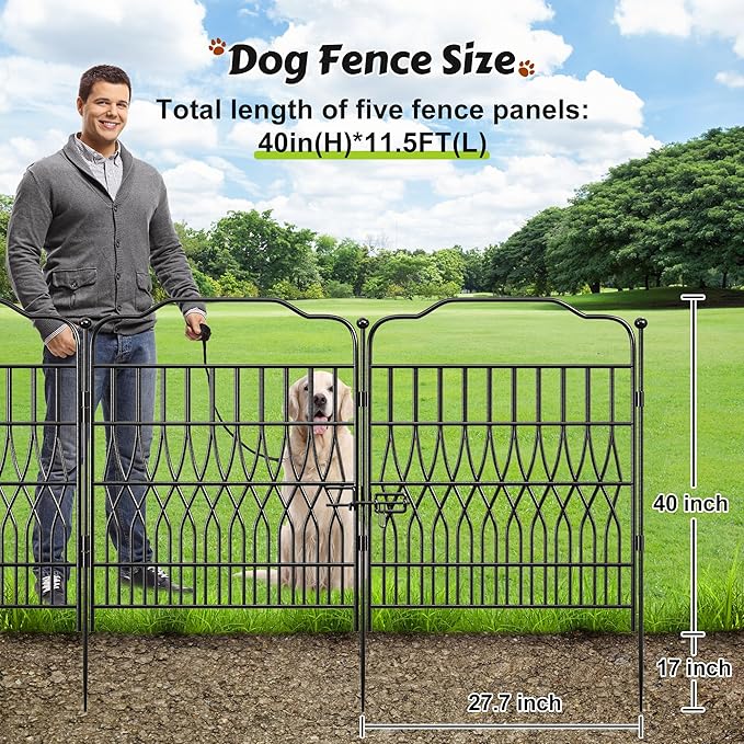 Bepatio 5 Panels Tall Garden Fence with Latch, 40in (H) x 11.5ft (L) Dog Fence Outdoor for Yard, Arc Metal Fencing Panels, Durable Animal Barrier Fencing for Outdoor, Patio, Flower Bed