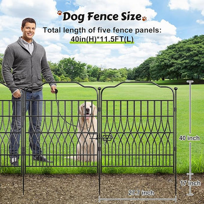 Bepatio 5 Panels Tall Garden Fence with Latch, 40in (H) x 11.5ft (L) Dog Fence Outdoor for Yard, Arc Metal Fencing Panels, Durable Animal Barrier Fencing for Outdoor, Patio, Flower Bed