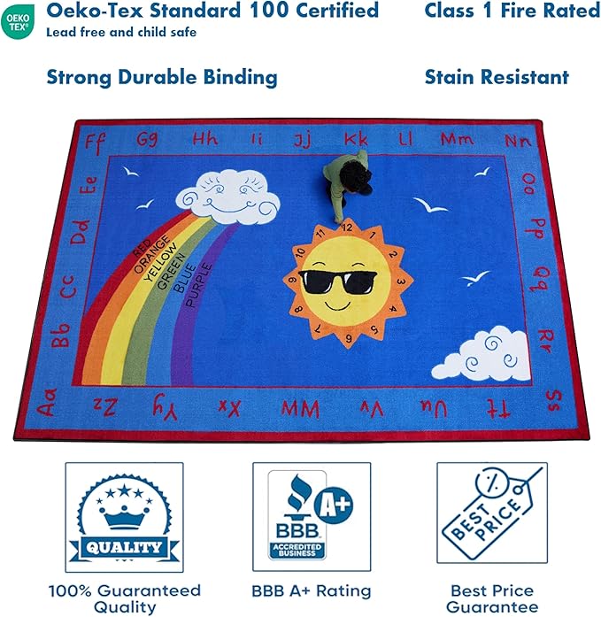 Shine Bright Learning Rainbow Rug 7'6" x 12' Rectangle for School or Classroom | Kids Learning Numbers, Colors & Alphabets | Playroom Area Rug