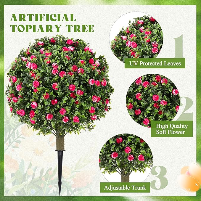 24 Artificial Topiary Ball Tree with Flower Set of 2,Outdoor Fake Topiary with Ground Spike,UV Resistant Faux Artificial Plant Bushes for Indoor Outdoor Front Porch Garden Decor (Pink & White)