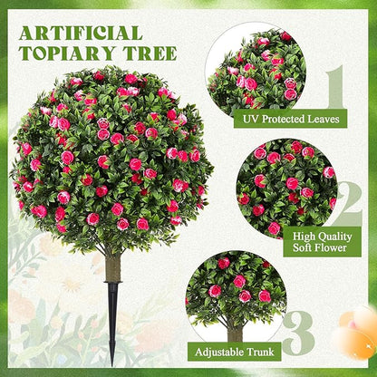 24 Artificial Topiary Ball Tree with Flower Set of 2,Outdoor Fake Topiary with Ground Spike,UV Resistant Faux Artificial Plant Bushes for Indoor Outdoor Front Porch Garden Decor (Pink & White)