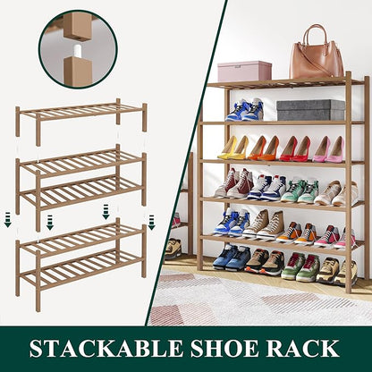 Smiry Shoe Rack, 2 Tier Thick Bamboo Shoe Organizer, Stackable Free Standing Wooden Shoe Storage Shelf for Closet, Entryway, Front Door Entrance, Walnut