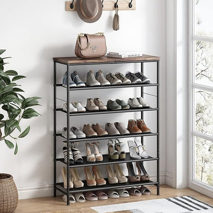 Shoe Rack Organizer 5 Tier Metal Organizer Shelf with Industrial MDF Board and Layer Fabric for Entryway Closet Bedroom Living Room Garage,Black & Rustic Brown (Black+Rustic Brown, 6 Tier)