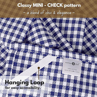 Native Fab 6 Pack Gingham Mini Check Kitchen Hand Towels Set 16"x26" - 100% Cotton Absorbent Reusable Wash Cloths - Quick Drying Dish Towels with Hanging Loops for Kitchen, Blue White