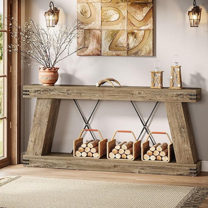 Tribesigns 70.9" Farmhouse Console Table, Long Sofa Table Behind Couch with Storage, Narrow Console Station, Industrial Rustic Entryway Furniture for Hallway, Entry, Living Room (1, Light Brown Oak)