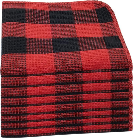 Waffle Weave Plaid Dish Cloths, 100% Cotton - 12 x 12 Inches, Ultra Soft Absorbent Quick Drying Dish Towels Buffalo Check Dish Rags for Kitchen, 8 Pack - Fall Thanksgiving - Red & Black