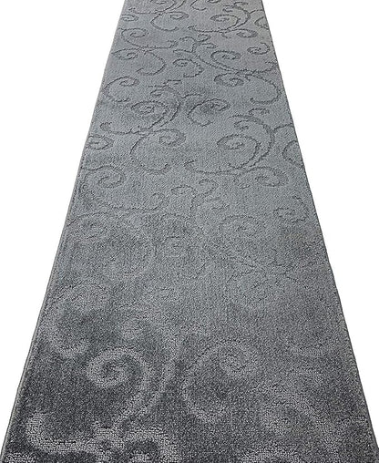 23 FT Long Non Slip Washable Carpet Runner Rug with Rubber Backing, Custom Floor Mat for Kitchen Hallway Stairs Bedroom Bathroom Entry, Scroll Anthracite Grey, Your Choice of Length