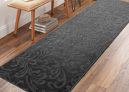 5 Ft Non-Slip Dark Grey Anthracite Hallway Kitchen Runner Rug, 2'7" X 5' Washable Carpet - Rubber Backed, Charcoal Custom Size Floor Mat for Entryway Stairs Bedroom Bathroom Mudroom, Floral