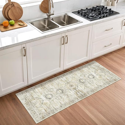 2x5 Rug Runner Washable for Entryway, Soft Bathroom Rugs with Non-Slip Backing, Abstract Low Pile Hallway Runner, Vintage Small Kitchen Carpet for Stair, Laundry Room(2'x5', Grey/Yellow)