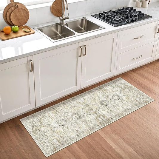 2x5 Rug Runner Washable for Entryway, Soft Bathroom Rugs with Non-Slip Backing, Abstract Low Pile Hallway Runner, Vintage Small Kitchen Carpet for Stair, Laundry Room(2'x5', Grey/Yellow)