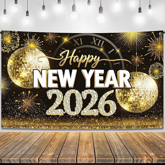 KatchOn, XtraLarge Happy New Year Banner - 72x44 Inch | Gold Happy New Year Backdrop 2026 for New Years Decorations 2026 | NYE Banner for NYE Decorations 2026 | New Years Eve Party Supplies 2026