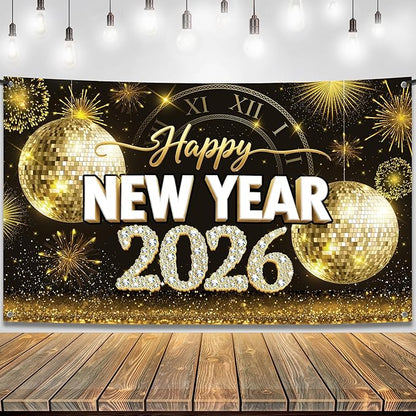 KatchOn, XtraLarge Happy New Year Banner - 72x44 Inch | Gold Happy New Year Backdrop 2026 for New Years Decorations 2026 | NYE Banner for NYE Decorations 2026 | New Years Eve Party Supplies 2026