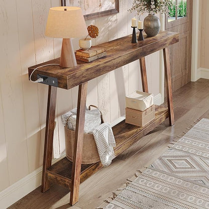 Huuger Console Table with Charging Station, USB-C Port, 2 Tiers Entryway Table, 53.9 Inch Sofa Table with Metal Legs, Entry Hallway Table with Thicker Desktop, Modern Behind Couch Table, Rustic Brown