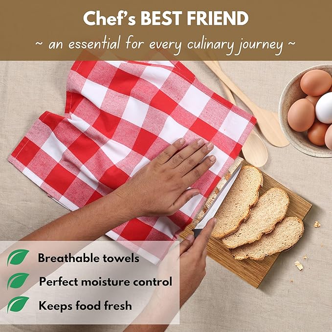 Native Fab 4-Pack Kitchen Towel with Hanging Loop 16x26 inches, Cotton Buffalo Check Kitchen Towels for Cleaning Drying, Washcloths Soft & Absorbent Cloth Rags, Bar Towel, Dish Cloth, Red