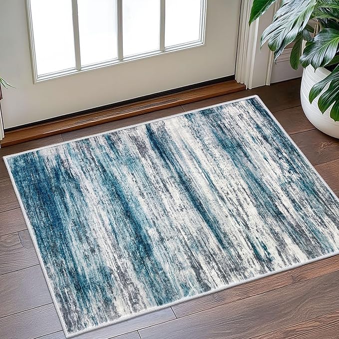 KOZYFLY Modern Abstract Small Area Rugs 2x3, Washable Kitchen Rug Non-Slip Soft Small Bathroom Rug, Blue Striped Entryway Rugs Print Faux Wool Doormat for Bedside Entrance Bedroom Sink
