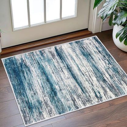 KOZYFLY Modern Abstract Small Area Rugs 2x3, Washable Kitchen Rug Non-Slip Soft Small Bathroom Rug, Blue Striped Entryway Rugs Print Faux Wool Doormat for Bedside Entrance Bedroom Sink