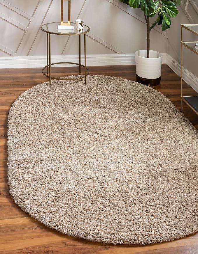 Unique Loom Solid Shag Collection Area Rug (5' 1" x 8' Oval, Taupe)
