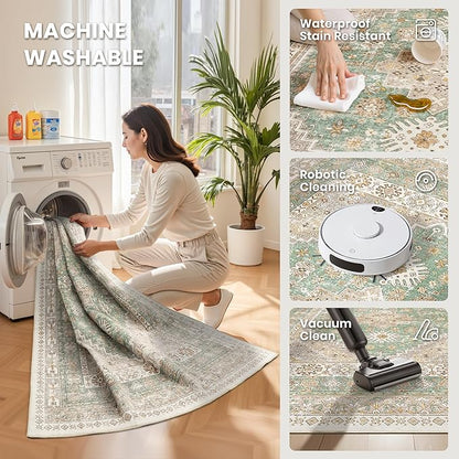 zesthome 6x9 Area Rug, Super Soft Washable Rugs for Living Room, Non-Slip Stain Resistant Vintage Rugs, Ultra-Thin Large Area Rugs (Green/Brown,6'x9')