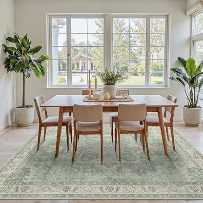 GENIMO 8x10 Area Rugs for Living Room, Machine Washable Non Slip Vintage Rugs, Low Pile Lightweight Chenille Print Rug for Bedroom, Dining Room, Home Office, Light Green