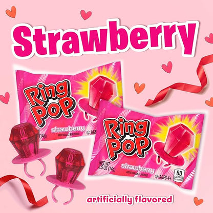 Ring Pop Pink Valentine's Candy, Individually Wrapped Pink Lollipops, Strawberry 30 Ct Bulk Suckers for Kids, Fun Candy for Gender Reveals, Valentine's Gifts, Goodie Bags, Party Favors