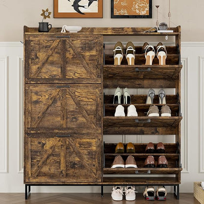 Shoe Cabinet with 6 Flip Drawers Narrow Shoe Storage Cabinet Organizer Wooden Freestanding Shoe Rack Hidden Slim Shoes Storage Cabinet for Entryway, Hallway, Living Room, Bedroom
