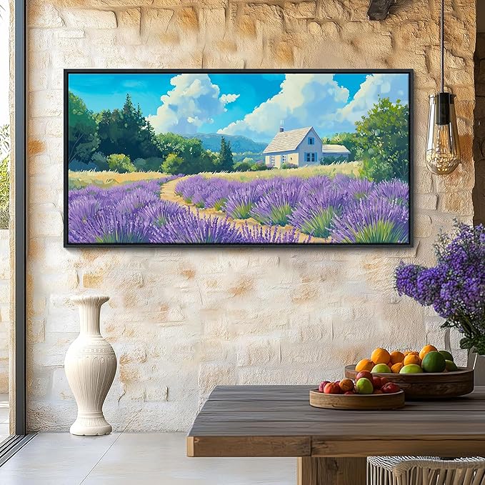 HKDGOKA Blue Landscape Framed Wall Art, Large Purple Lavender Rustic Cottage Spring Scenery Paintings Artwork for Living Room Bedroom Office Kitchen Flowers Prints Pictures Home Decor 29x58 IN