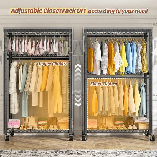 Raybee Rolling Clothes Rack with Cover Clothing Racks for Hanging Clothes Heavy Duty Portable Closet with Wheels Garment Rack 35.5" W*15.7" D*79 "H Black