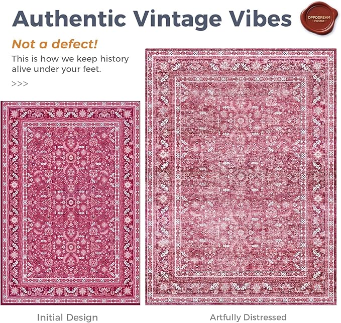 OPPODREAM Thin Vintage Hot Pink 2x12 Runner Rug, 2 x 12 Retro Washable Rug Non Slip, Low-Pile Faux Wool Carpet, Distressed Floor Mat for Kitchen, Hallway, Entry-Way, Entrance, Indoor Back Door