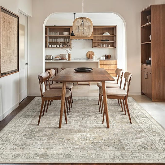 GENIMO 10x14 Area Rugs for Living Room, Machine Washable Non Slip Vintage Rugs, Low Pile Lightweight Chenille Print Rug for Bedroom, Dining Room, Home Office, Trench