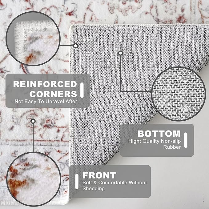 KILOCOCO Area Rug 5x7 Living Room Rug Washable Printed Vintage Floral Non Slip Soft Rubber Backed Indoor Bedroom Rugs for Laundry Room Kitchen Playroom Moroccan Area Rugs, White