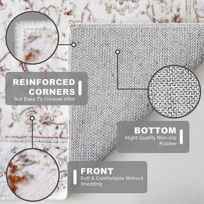 KILOCOCO Area Rug 5x7 Living Room Rug Washable Printed Vintage Floral Non Slip Soft Rubber Backed Indoor Bedroom Rugs for Laundry Room Kitchen Playroom Moroccan Area Rugs, White