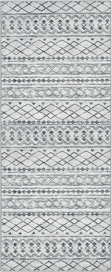 KUTA Boho Washable Runner Rug 2x5 ft Grey Moroccan Washable Runners for Hallways Non-Slip Vintage Kitchen Rug Ultra Soft Distressed Geometric Floor Carpet for Bedroom Laundry Living Room