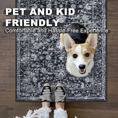 KILOCOCO Area Rug 3x5 Entryway Rug Washable Printed Vintage Floral Rubber Backed Non Slip Indoor Kitchen Rugs for Living Room Laundry Room Playroom Mudroom Moroccan Area Rugs, Black/Navy/White