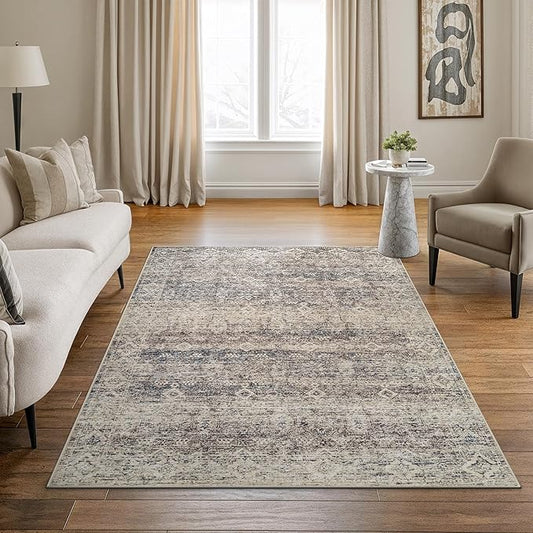 Bloom Rugs Caria Washable Non-Slip 4x6 Rug - Beige Brown/Teal Traditional Area Rug for Living Room, Bedroom, Dining Room, and Kitchen - Exact Size: 4' x 6'