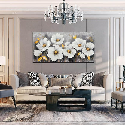CIRABKY White Flower Canvas Wall Art for Living Room - Modern Hand Painted Wall Art for Office - Teen Girls Room Decor for Bedroom 29" x 59"