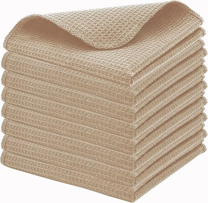 PurpleEssences Dish Cloths and Dish Rags - 8 Pack Waffle Weave Solid Kitchen Dish Wash Cloths, 100% Cotton, 12 x 12 Inches, Ultra Soft Absorbent Quick Drying Fall Thanksgiving - Beige