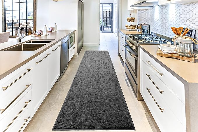 30 Ft Extra Long Non-Slip Dark Grey Anthracite Hallway Kitchen Runner Rug, 2'7" X 30' Washable Carpet - Rubber Backed, Custom Size Floor Mat for Entryway Stairs Bedroom Bathroom Mudroom