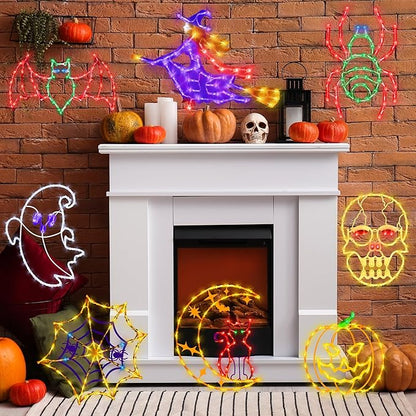 16" Halloween Window Silhouette Lights Decorations - 6 Pack Colour Lighted Ghost ＆ Pumpkin ＆ Witch ＆ Bat ＆ Skull Head ＆ Cat on Moon for Holiday Indoor and Outdoor Wall Door Window Decorate