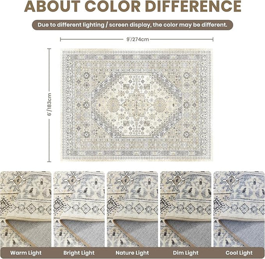 zesthome 6x9 Area Rug, Super Soft Washable Rugs for Living Room, Non-Slip Stain Resistant Vintage Rugs, Ultra-Thin Large Area Rugs (Beige,6'x9')
