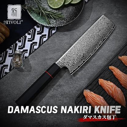 TIVOLI Damascus Nakiri Knife, Hand-ground Sharp Edge Meat Cleaver Kitchen Knives with 67-Layer Hand-Forged VG10 High Carbon Steel for Chopping Vegetable, Octagonal Handle，GIft for Dad,Mom