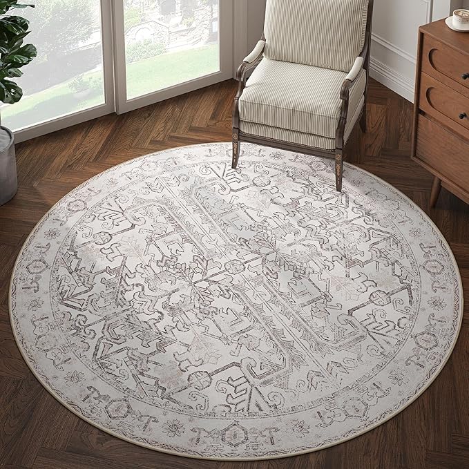 jinchan Round Rug 6ft Vintage Machine Washable Area Rug Kitchen Indoor Circle 6' Ultra-Thin Non-Slip Floral Print Carpet for Farmhouse Entryway Dining Room Living Room Bedroom Office (6'Round,Taupe)