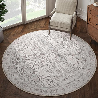 jinchan Round Rug 6ft Vintage Machine Washable Area Rug Kitchen Indoor Circle 6' Ultra-Thin Non-Slip Floral Print Carpet for Farmhouse Entryway Dining Room Living Room Bedroom Office (6'Round,Taupe)