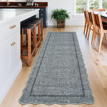 GarveeHome Scalloped Washable Runner Rugs 2x6 Rug Runner Modern Non Slip Kitchen Rugs Indoor Entryway Rug Farmhouse Soft Bath Mat Stain Resistant Carpet for Bedroom Hallway Laundry 2 ft x6 ft Grey