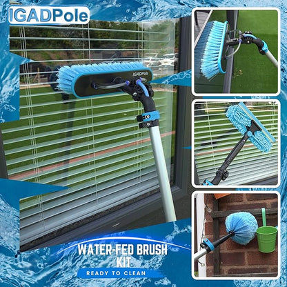 IGADPole Washing Kit: Water-fed Brush, Cobweb Duster and 10” Squeegee and Soap Dispenser, with 3-Stage Telescoping Pole 5-12ft Pole