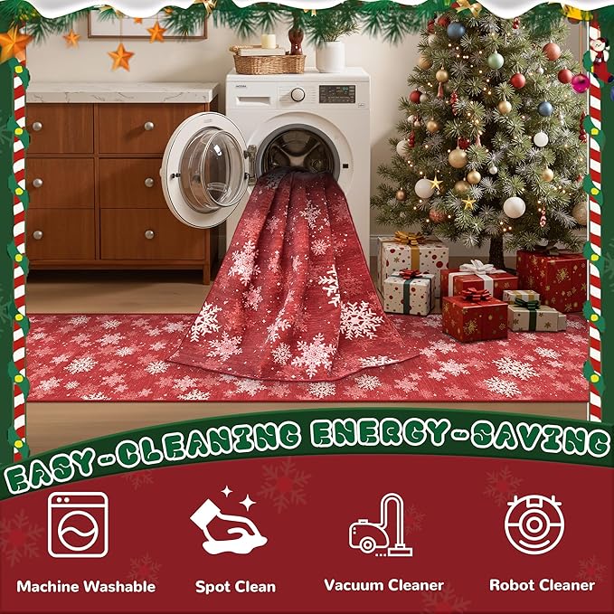 2x6 Runner Rug Non Slip for Entrance, Washable Christmas Kitchen Rugs, Ultra-Thin Snowflake Bathroom Rug Runner, Soft Red and White Christmas Decor Indoor(2'x6', Red/White)