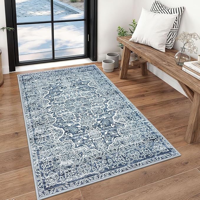 KUTA 3x5 Entryway Rug Non-Slip Washable Area Rugs, Vintage Floral Kitchen Rugs Blue White, Ultra Soft Printed Medallion Tribal Entry Low-Pile Carpet for Entrance Bedroom Nursery Dorm Décor